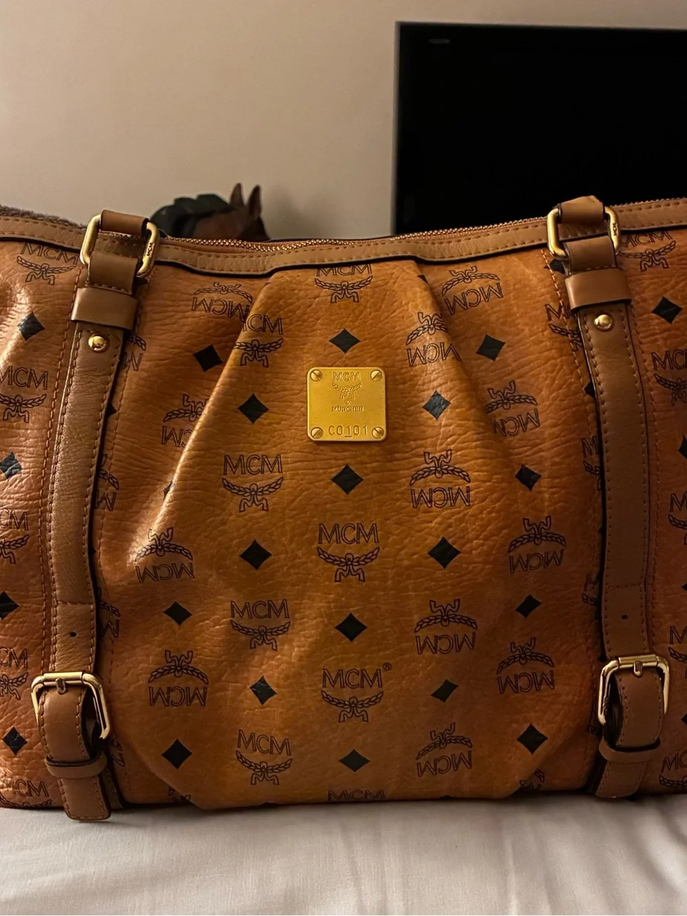 MCM Logo Visetos Pattern Shoulder Hobo Bag Leather Brown Cognac MSRP $1198